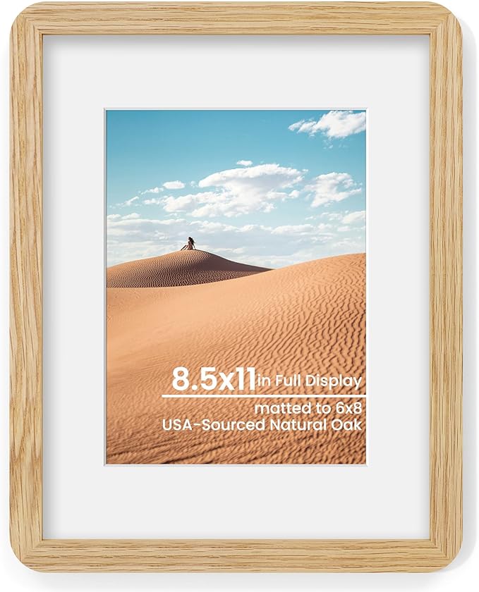 8.5x11 Round Corner Picture Frame, Solid Oak Wood Frame Matted For 6x8 With Plexiglass, Hanging Hardware Included For Tabletop Or Wall Display Frame, Natural Oak, 1 Pack
