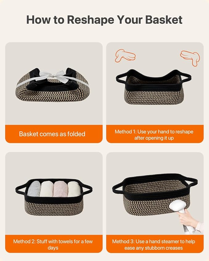 KALLAX Small Woven Basket, 12 x 8 x 4.5 Inches, Small Storage Baskets for Organizing, Gift Baskets Empty, Cute Rope Shelf Closet Storage Bins for Shelves, Dog Toy Basket, Black & Brown