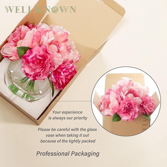 WELL KNOWN Artificial Flowers in Vase, Peonies Artificial Flowers for vase with Faux Water for Coffee Table Decor, Silk Fake Flower Arrangements Peonies Table Centerpieces (Peach Pink)