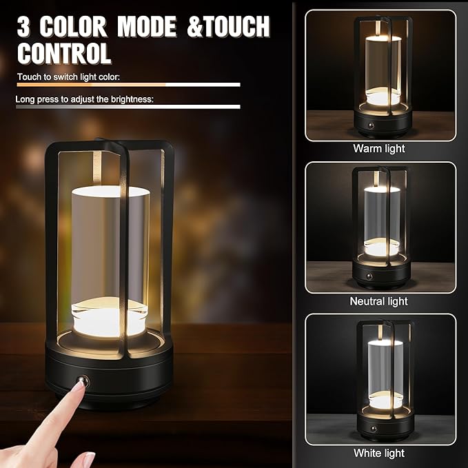 휴대용 금속 테이블 램프, 무선 테이블 램프, 충전식 배터리 작동 조명, LED 테이블 램프, 3가지 색상 무단 조광 터치, 침실 레스토랑 가정 실외용 (블랙)