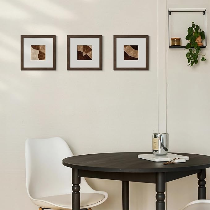 Yaetm Square 8x8 Picture Frame – Brown Walnut, Rustic Solid Wood Frame 8x8 with Tempered Real Glass, Display 4x4 Photo with Mat or 8 x 8 Art Print without Mat, Wall Mount (3 Pack, Walnut)