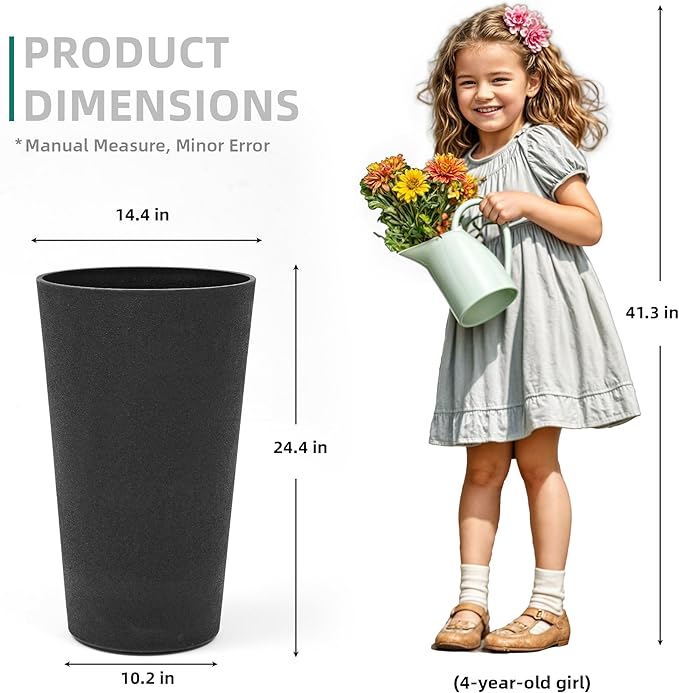 24" Planters for Outdoor/Indoor Plants, Set of 2 Tall Plant Pots, Heavy-Duty Resin Large Vase for Faux Mums Flower, Ideal for Garden, Patio, Yard, Porch or Home Decor, PU Leather-Look Finish
