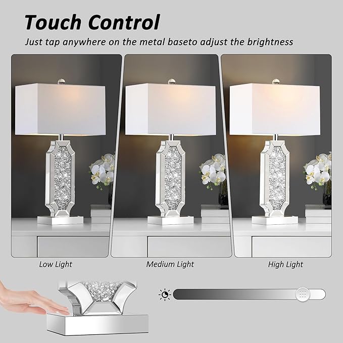 3-Way Dimmable Touch Diamond Crushed Mirrored Bedside Table Lamps Set of 2 for Living Room with USB A+C Ports,Tall Silver Modern Bling Nightstands Lamps for Bedroom with 2 Bulbs