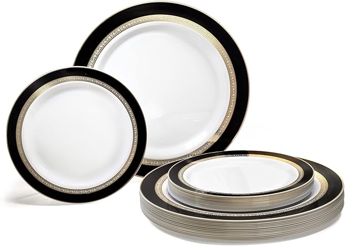 " OCCASIONS " 50 Plates Pack (25 Guests)-Heavyweight Wedding Party Disposable Plastic Plate Set -25 x 10.5'' Dinner + 25 x 7.5'' Salad/dessert plates (Ritz Black and Gold)