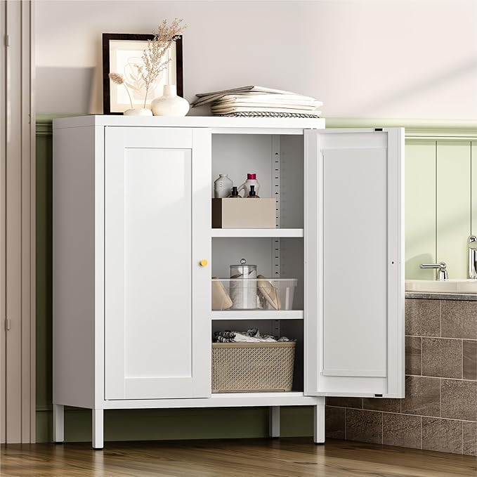 Metal Bathroom Storage Cabinet,Bathroom Floor Storage Cabinet with 2 Adjustable Shelves and 2 Doors,Freestanding Sideboard for Small Spaces, Living Room, Home Office, Dining Room,White