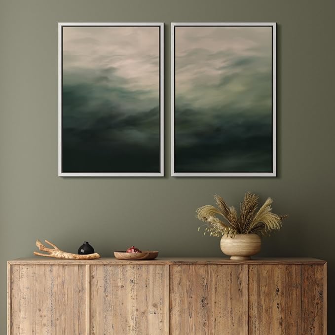 MUDECOR Framed Canvas Print Wall Art Dark Green Abstract Misty Landscape Moody Illustrations Modern Art Decorative Chic for Living Room, Bedroom, Office - 16"x24"x2 White