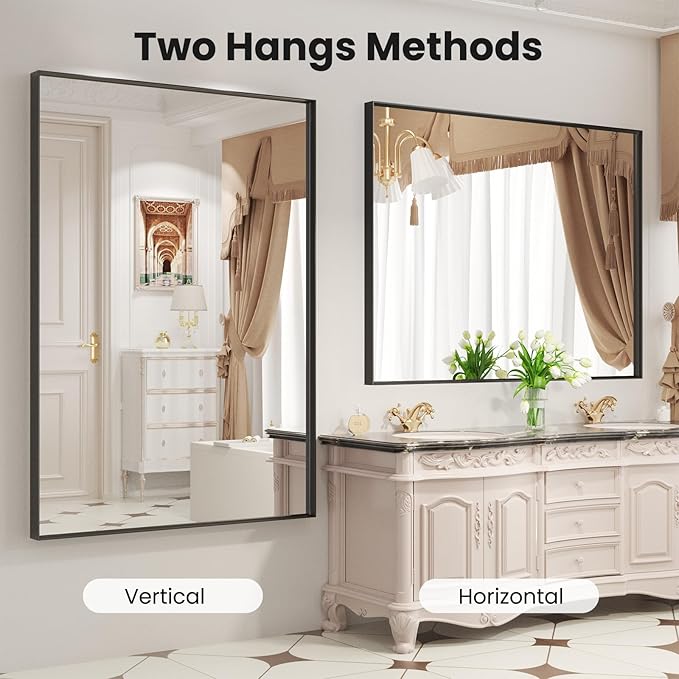 LOAAO Black Bathroom Mirror 48"X32" for Wall, Rectangle Bathroom Vanity Mirror, Tempered Glass, Hangs Vertically or Horizontally, Easy to Install, Modern Design