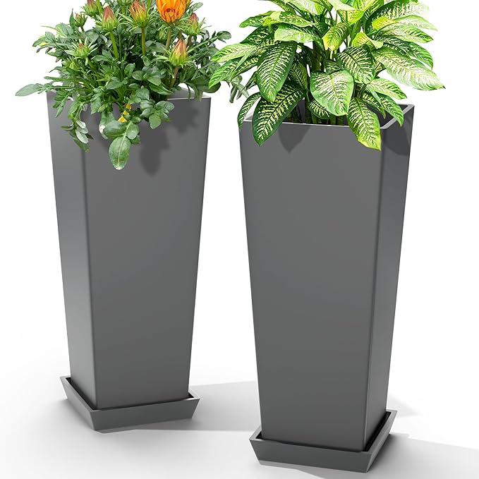 24-Inch Tall Planters Set of 2 for Outdoor and Indoor Use,Tapered Flower Pots with Drainage Tray, Front Porch and Patio Decor,Ideal for Large Plants, Grey