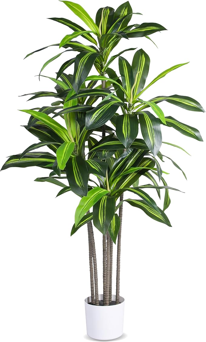 Artificial Dracaena Tree Indoor, 5FT Tall Faux Tree with Natural Wood Trunk and Lifelike Leaves, Tall Artificial Plants Indoor, Fake Plants for Home, Office, Living Room Decor