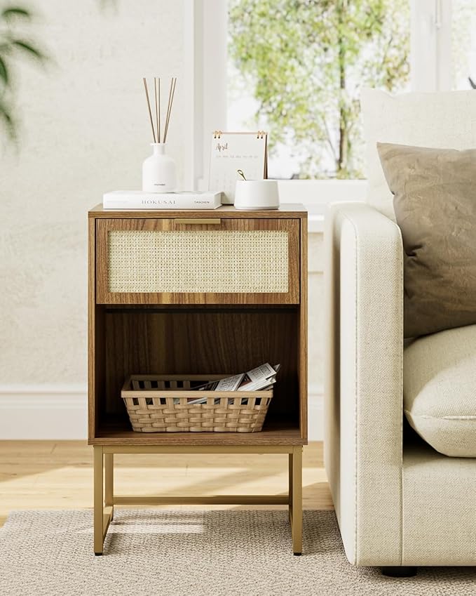 Masupu Rattan Nightstand,Modern Night Stand Boho Farmhouse Wood Bedside Table with Storage Drawer Side End Table for Bedroom,Living Room,Office,Walnut Brown