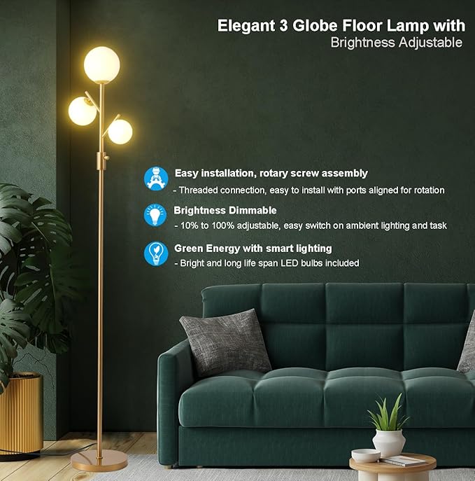 Fiqevs Upgraded Dimmable Globe Floor Lamp for Living Room, Mid Century Modern Gold Tree Floor Lamps with LED Bulbs, Elegant Standing Lamp for Bedroom Office Dining Room