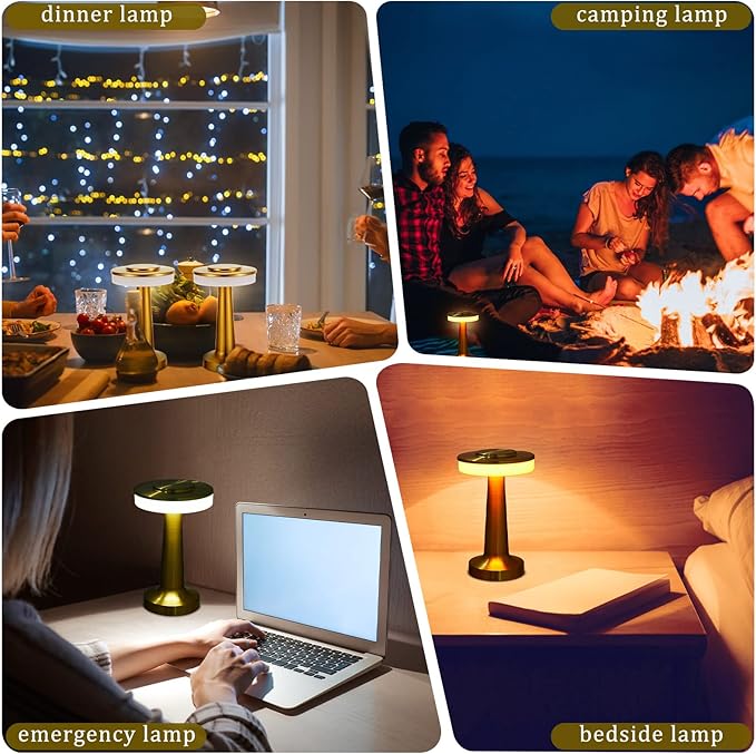 Riakrum 4 Pcs Portable Cordless Table Lamp with Touch Sensor 3 Color Stepless Dimming Rechargeable Battery up to 15 Hours Cordless Table Light Wireless Lamp for Nursery(Gold)