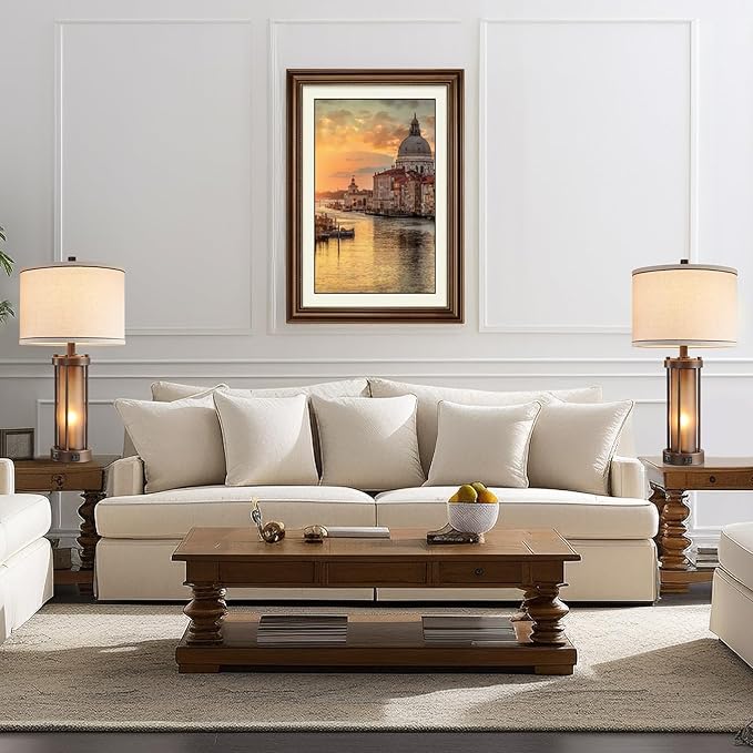 Set of 2 Farmhouse Table Lamps for Living Room with 2 USB Charging Ports, Vintage Rustic Nightstand Lamps with Amber Glass Nightlight, Retro Desk Lamps for Bedroom Entryway, 4 Bulbs Included (Brown)