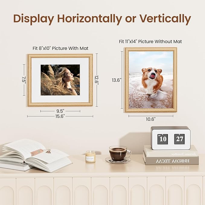11x14 Picture Frame, Natural Solid Wooden Picture Frames with Tempered Glass, Display 8x10 with Mat or 11 x 14 Without, Vertical or Horizontal Wall Hanging Photo Frame, Natural Oak Color, 1 Pack