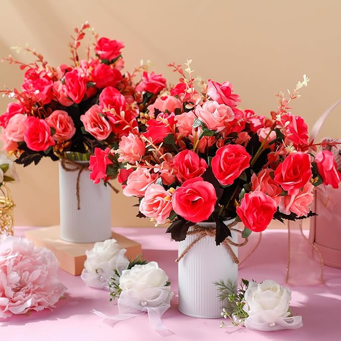 Domensi 12 Sets Wedding Centerpiece for Table Artificial Rose with Vase Fake Bouquets and Metal Pot Floral Arrangements for Holiday Party Event Table Decor (Rose Red)