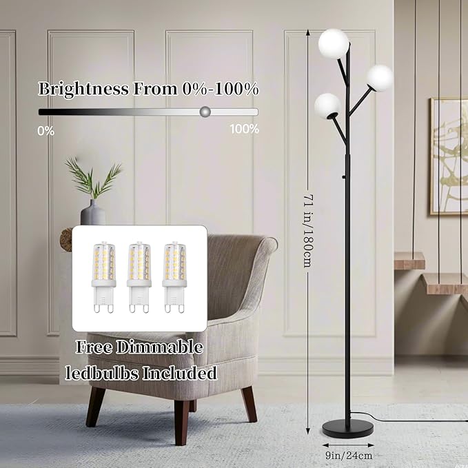 3-Globe Mid Century Modern Floor Lamp and Bulbs Included,70inch Tall Black Stand Lamp with Frosted Glass Shade for Living Room Office Bedroom, Study Room, Hotel, Dimmer Lighting (dimmer-Black)