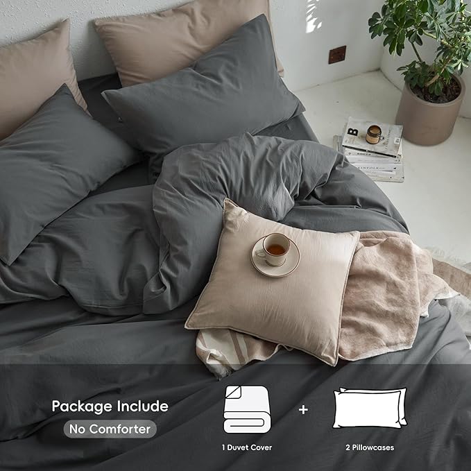 MooMee Queen Duvet Cover Set, 100% Washed Cotton Linen Like Twill Thick Sturdy Material Super Soft Breathable Durable Bedding for All Season, 3 Pieces (Dark Gray, Queen 90"x90")