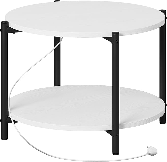 LIKIMIO Round End Table with Charging Station, 23.6" W Wooden Side Table with 2-Tier Storage, Modern Nightstand for Small Spaces, Living Room, Bedroom, White
