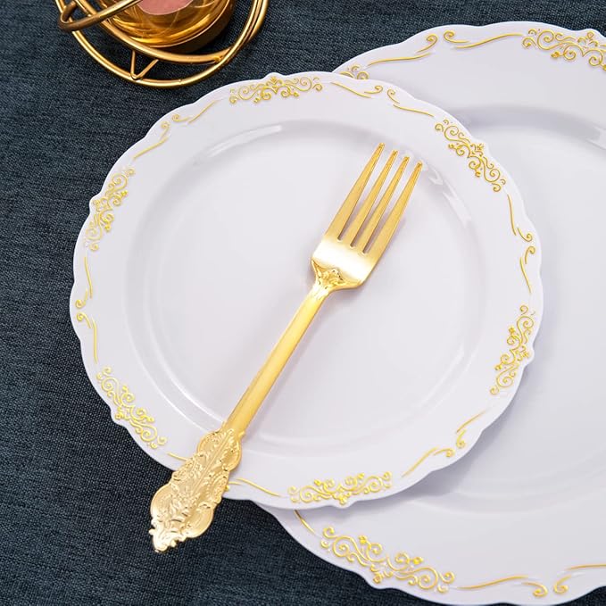 supernal 800pcs Gold Plastic Dinnerware Set,100pcs 10.25" Dinner Plates,100pcs 7.5" Dessert Plates,400 Gold Plastic Silverware,100 Cups,100 Napkins,100 Guest Tableware set