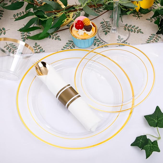 DaYammi 350PCS Clear Gold Plastic Dinnerware Set for 50 Guests, Fancy Disposable Plates for Party, Include: 50 Dinner Plates, 50 Dessert Plates, 50 Pre Rolled Napkins with Gold Silverware, 50 Cups