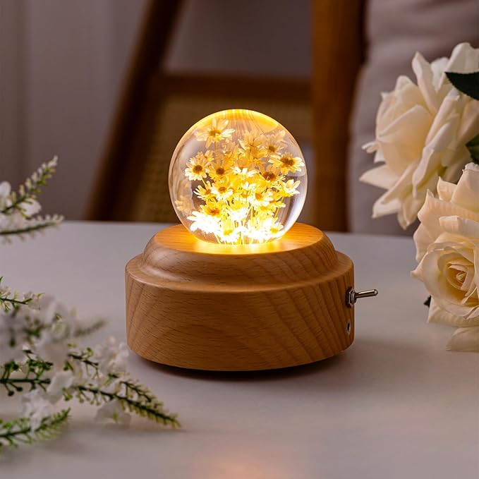 1 Pieces 6cm Diameter Yellow Glass Little Daisy Ball Night Light Music Box Wood You are My Sunshine Mechanism Flower Decor Romantic Birthday Valentine's Day for Girlfriend Her Women