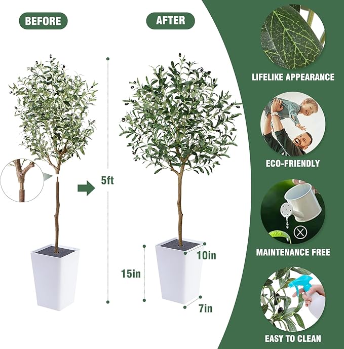 Artificial Olive Tree with White Tall Planter, 5ft Tall Potted Decorative Fake Olive Tree, Large Faux Silk Tree for Home Office Floor Room Decor Plant Indoor Outdoor, Housewarming Gift