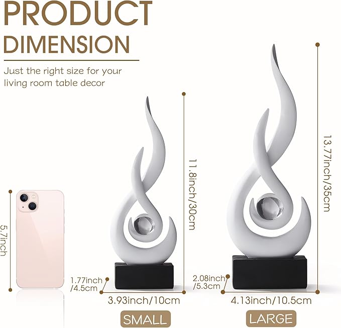 FJS White Modern Flame Statue Home Decorations for Living Room, 13.7" H Resin Sculptures Home Décor Accents, Abstract Art Sculpture for Dining Room Office Coffee Table Centerpiece