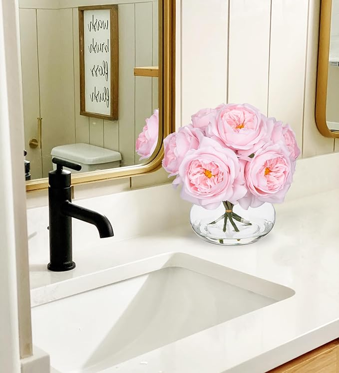 Hollyone Pink Roses Peonies Artificial Flowers with Glass Vase Silk David Austin Roses Faux Flowers Arrangements with Clear Faux Water in Vase Fake Peonies Rose Peony Floral Bulk Bouquet Home Decor