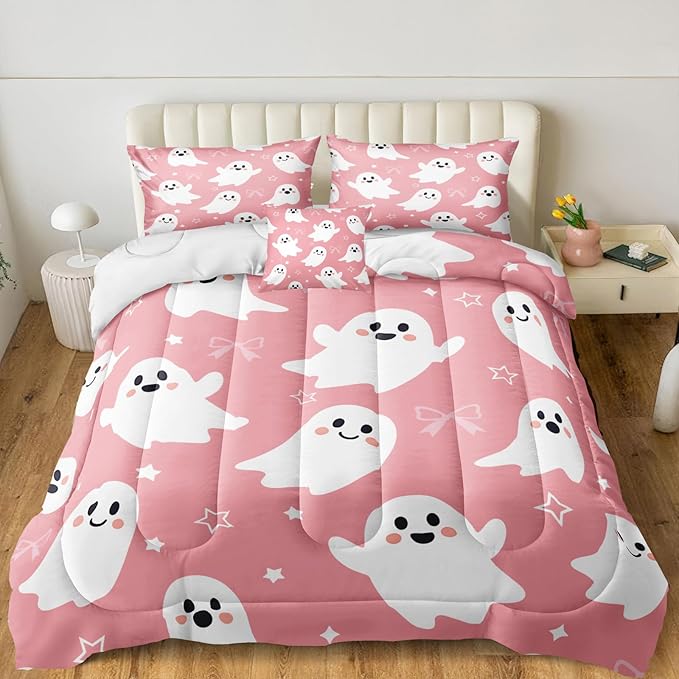 Cartoon Ghost Bedding Set Pink Halloween Comforter Set for Girls Kids Shy Ghost Kawaii Halloween Decor Ghost Festival Theme Pink and White Bedding Comforter Set King Size