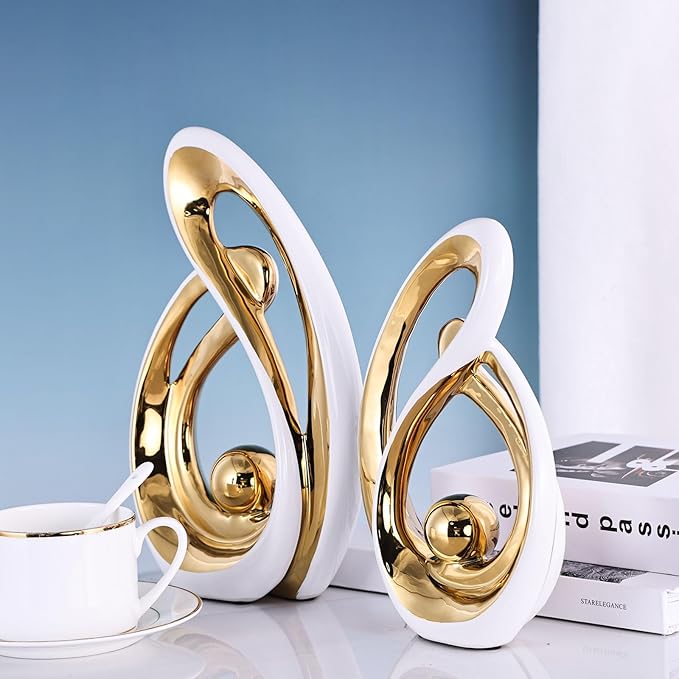Home Decor Accent,Porcelain Art Mid Century Bookshelf Decorations,Gold Centerpieces for Tables,Abstract Ceramic Statue Sculpture for Coffee Table Mantel Tv Stand Centerpieces (White Gold, Large)