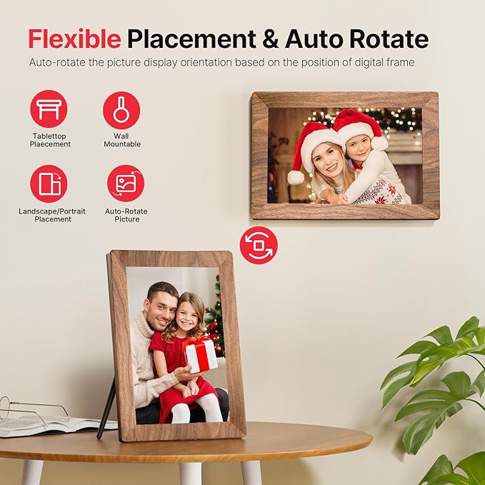 Frameo 10.1" Digital Picture Frame, Smart WiFi Digital Photo Frame with 1280x800 HD IPS Touch Screen 32GB Memory Auto-Rotate Wall Mounted, Share Photos/Videos from Phone Anywhere(Brown Wood)
