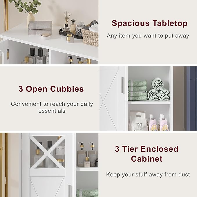 VECELO Bathroom Floor Storage Cabinet with 2 Adjustable Shelves, Freestanding Cabinet with 1 Door & 3 Open Compartments for Bathroom, White