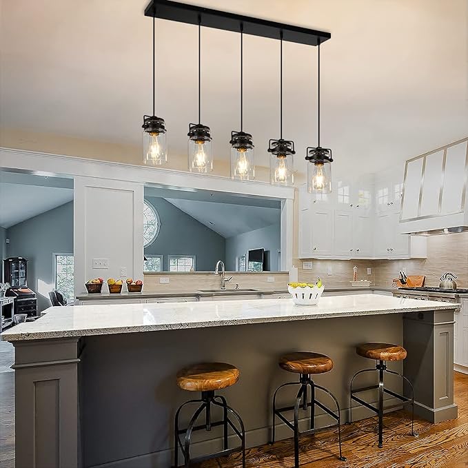 Pendant Light Kitchen Island Lighting, 5-Light Pendant Ceiling Light Fixture, 67.71 inches Hanging with Clear Glass Shade,Farmhouse Chandeliers for Dining Room Bedroom Hallway - Black