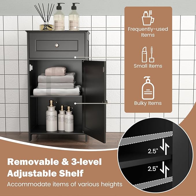 Tangkula Small Bathroom Cabinet for Small Spaces, Free-Standing Single Door Storage with Adjustable Shelf, Anti-Tipping Device, Smooth Drawer, Floor Cabinet for Bathroom & Living Room (Black)