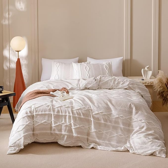 Luxlovery Boho Farmhouse Comforter Set King Teens Kids White Jacquard Bedding Set Bohemian Country Blanket Quilts Durable Soft Breathable 3PCS Comforter Set King Bed