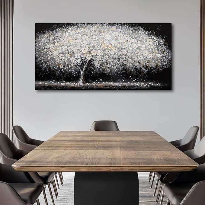 NBAODAN Large Modern Artwork Black and White Tree Picture Wall Decor Canvas Wall Art for Living Room Dining Room Kitchen Bedroom 29"x58" White Floral With Gold Decorations