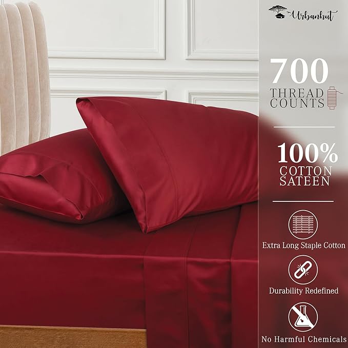 URBANHUT 700 Thread Count Egyptian Cotton California King Sheets, 4Pc Sheet Set Soft Luxury Bed Sheets for Cal King Size Bed, Sateen Weave Hotel Sheets, 16'' Elasticized Deep Pocket - Burgundy