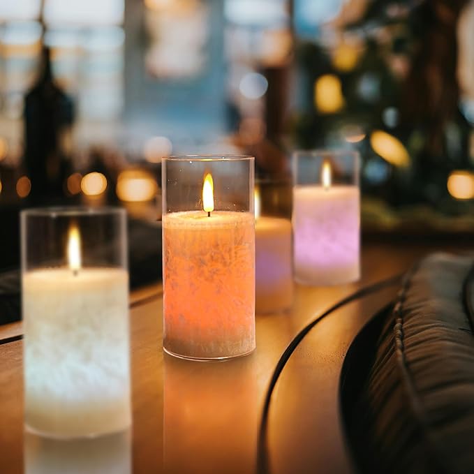 NICEME 3PCS LED Multi Colored Flameless Candles Acrylic Pillar Battery Operated Flickering Flame Color Changing Candles with Remote Control Real Wax Electric Fake Candles Ice Crystal, D3” x H4” 5" 6"