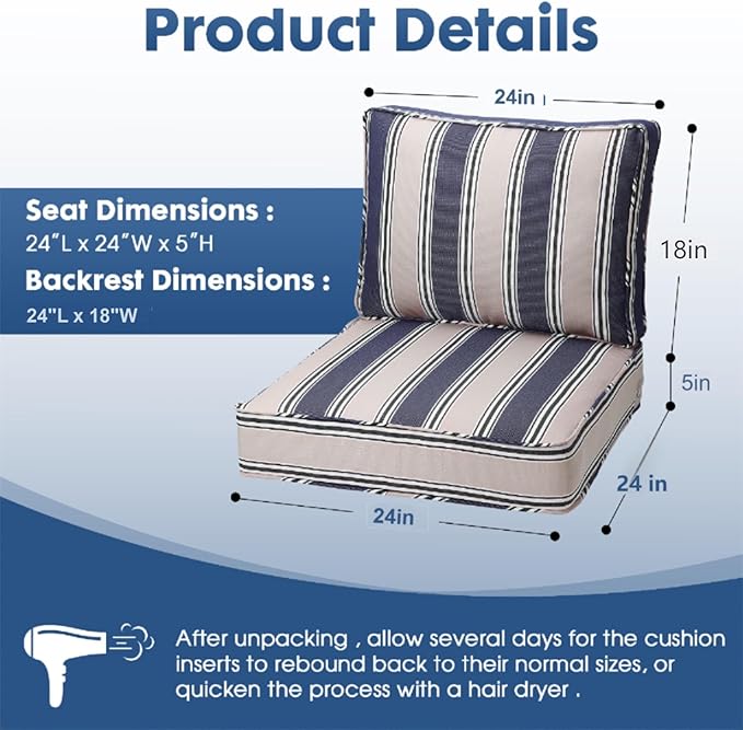 Outdoor Deep Seating Cushion Set, 24" x 24", Waterproof & Fade Resistant Patio Furniture Cushions with Handle, Deep Seat and Back Cushion for Chair and Sofa (1, Blue Stripe)