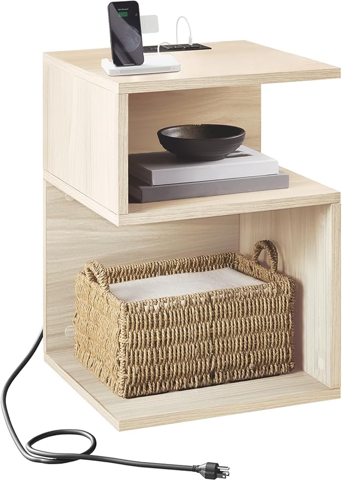 Tokyo S Minimalist 3 Tier End Table with Fast Charging Station - USB C Cable Wood Nightstand for Small Spaces with Open Storage Bedside Table for Bedroom (Natural w/Charging)