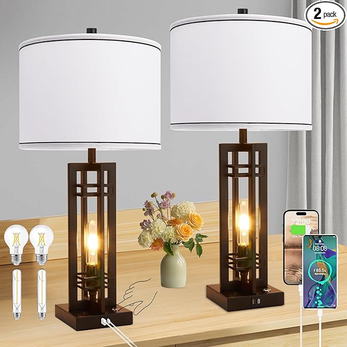 27" Touch Control Farmhouse Table Lamps, Set of 2 Tall Rustic Table Lamps 2-Light Design with USB A+C Ports, Bedside Lamps with White Shade for Living Room Home Office, 4 LED Bulbs Included