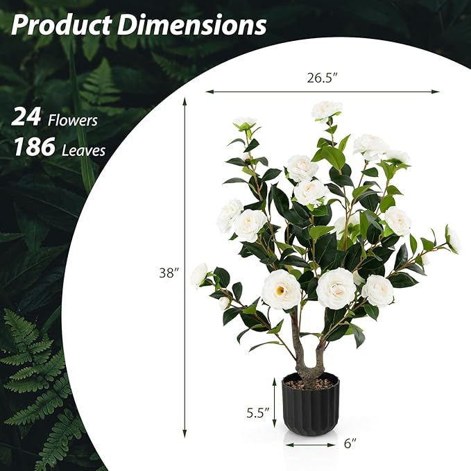 Goplus 38’’ Artificial Camellia Tree, 2 Pack Flower Plants Artificial Tree, Faux Floral Plant Blooming Tree in Cement Pot, Greenery Potted Plant for Indoor Outdoor Office Home Porch Decor