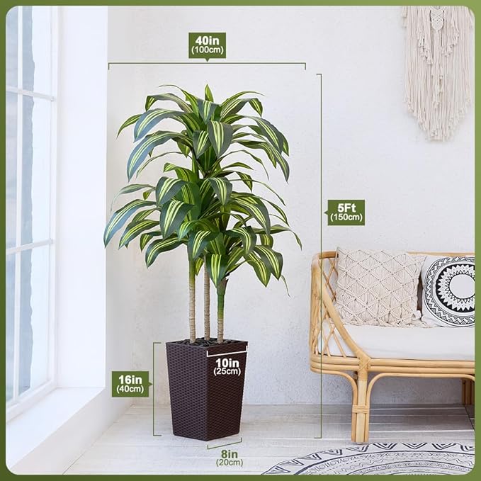 Artificial Dracaena Tree 5FT - UV Resistant Faux Tree with Large Taper Planter & Pebbles - Tall Fake Plants Indoor & Outdoor, Potted Floor Plant for Home Living Room Porch Decor, VN127