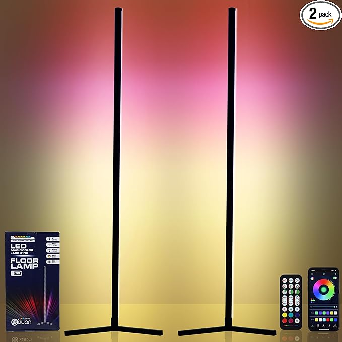 2 Pack Corner Floor Lamp - 57'' Tall RGB Lamp with Music Sync, 16 Million Colors, 88 LED Dual RGB White, Voice & App Control Mood Light with Timer & Remote for Gaming, Bedroom & Living Room