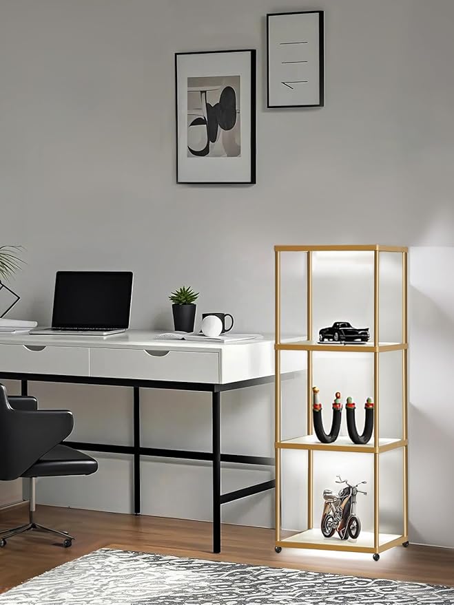 MANBUR Display Shelf with Dimmable LED Floor Lamp, Display Cabinet with Glass Bookcase, Home Decor, Bedroom Decor, Bookshelf with Light, Open Book Shelf with 4-Tier Shelf for Living Room Decor Gold