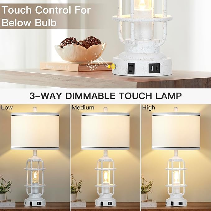 Farmhouse Lamps Set of 2, White Vintage Rustic Industrial Lamps with USB A+C Charging Ports & AC Outlet, 3 Way Dimmable Touch Control Table Lamp with LED Night Light for Living Room Bedrooms Office