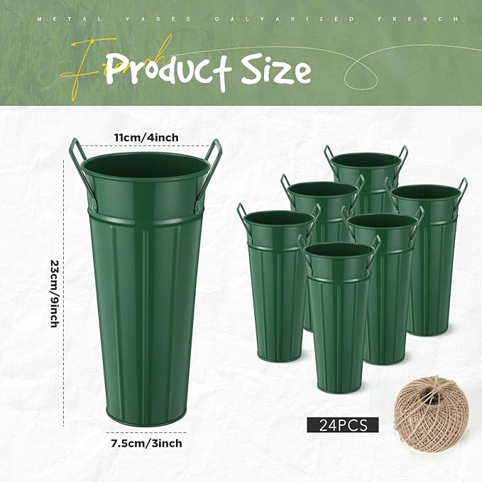 Lallisa 24 Pcs Metal Vases 9 Inch Galvanized French Farmhouse Flower Buckets with Handles and Hemp Rope, Vintage Style Flower Containers for Country Wedding Party Table Centerpiece Decor(Dark Green)