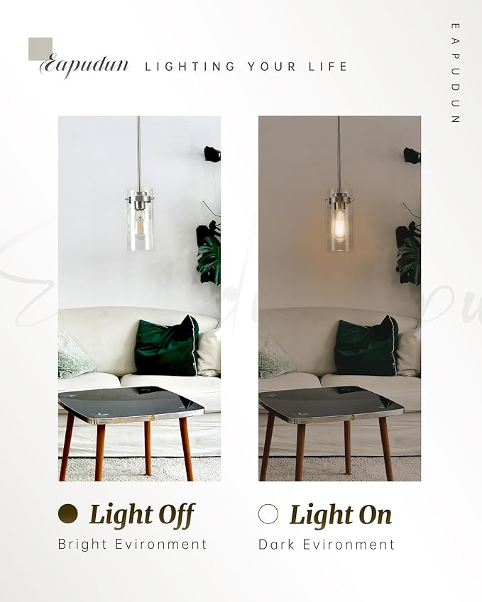 EAPUDUN Pendant Light (2 Packs), Kitchen Lights Ceiling Hanging, Kitchen Light Fixtures Brushed Nickel Finish, Farmhouse Pendant Lighting for Kitchen Island Room-PDA1353-B-BNK