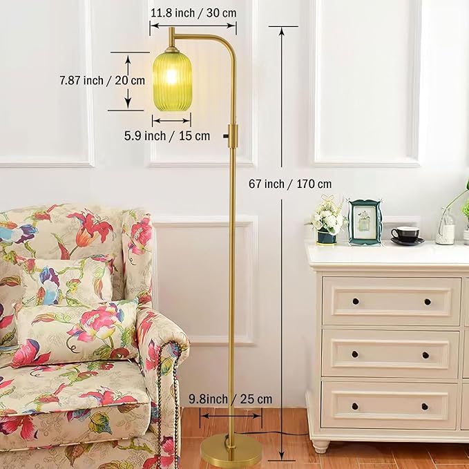 Dimmable Brass Gold Floor Lamp, Mid Century Modern Standing Lamp with Ribbed Green Glass Lampshade,Tall Lamp for Living Room Bedroom Study Room