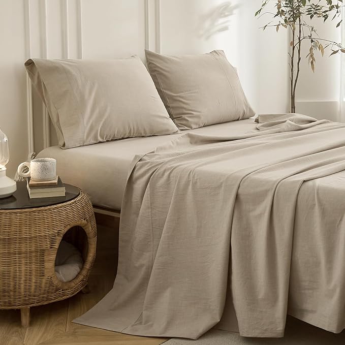 6PS Linen Like Bedding Sheet Sets Linen Grey Queen Size Cotton Bedding Set Oeko-TEX Standard 100% Washed Cotton Deep Pocket Queen Size Fitted Sheet Plus Cozy Flat Sheet and 4 Pillowcases
